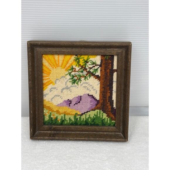 Vtg Framed Needlepoint Landscape Art Sunrise Mountain Scene Handmade Cross Stitc - Picture 1 of 8